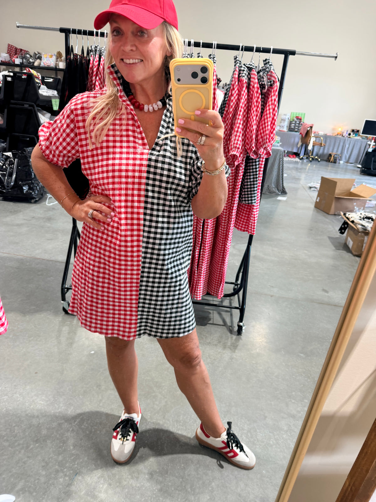 Gingham black and red and white shorter version dress