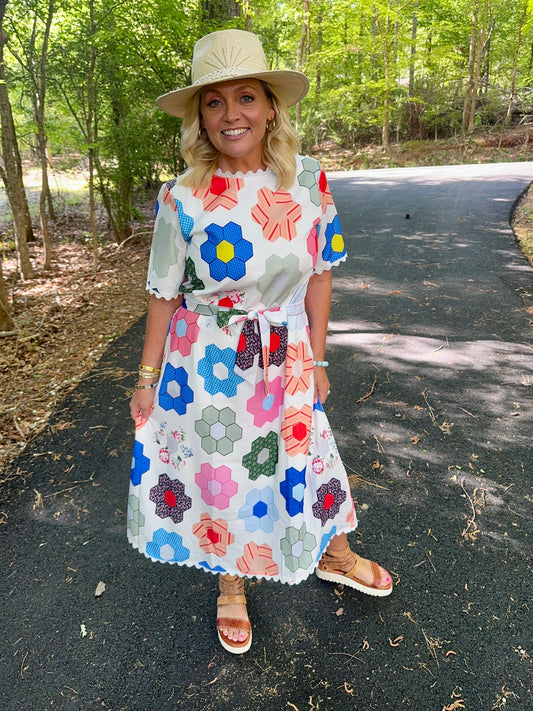 Maxi Summer dress geo quilt look loose fit with optional tie marked down