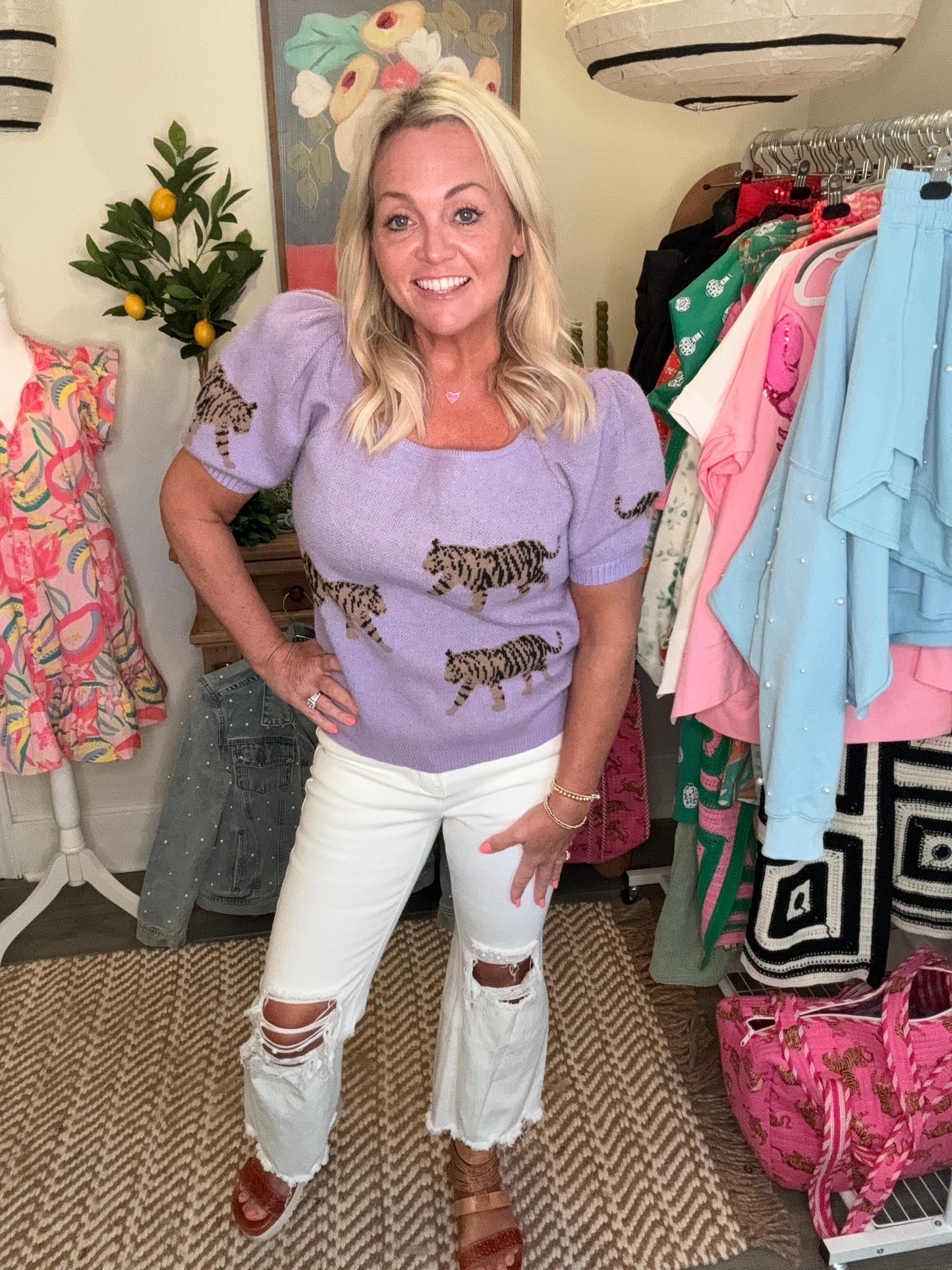 Lavender tiger short sleeve sweater warehouse sale