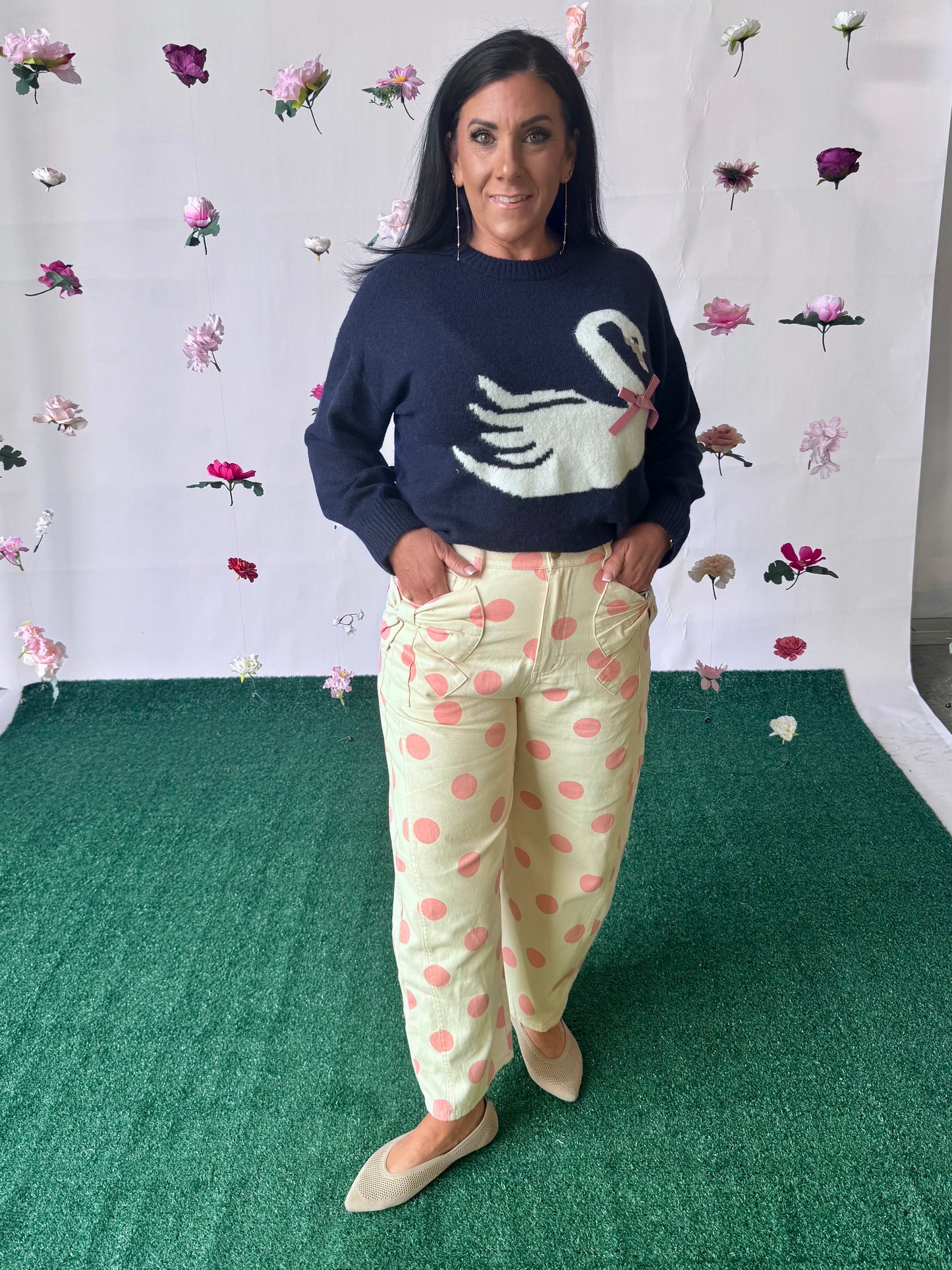 Cream barrel pants with pink polka dot up to 3X!