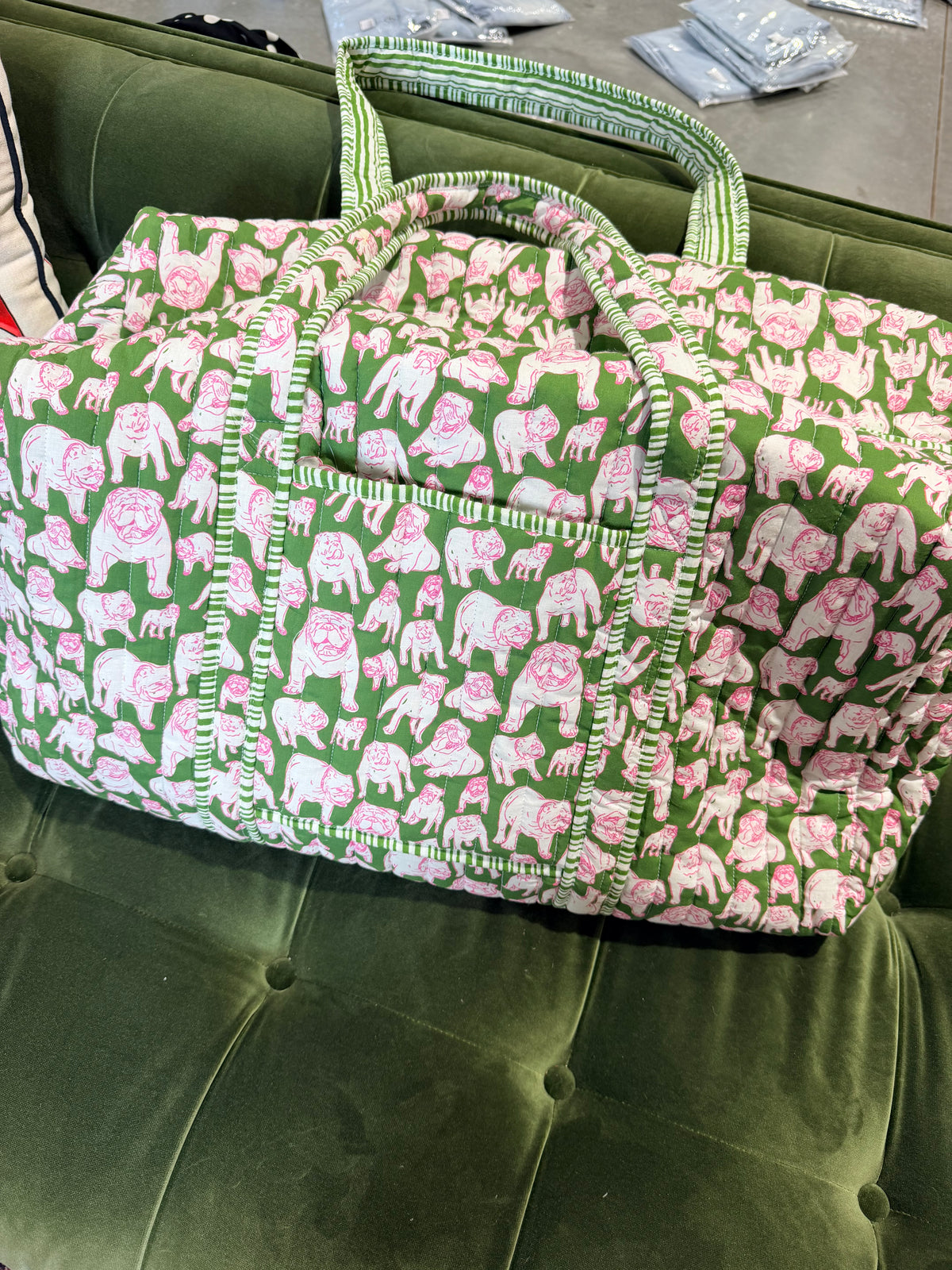 Green and pink quilted bulldog duffle