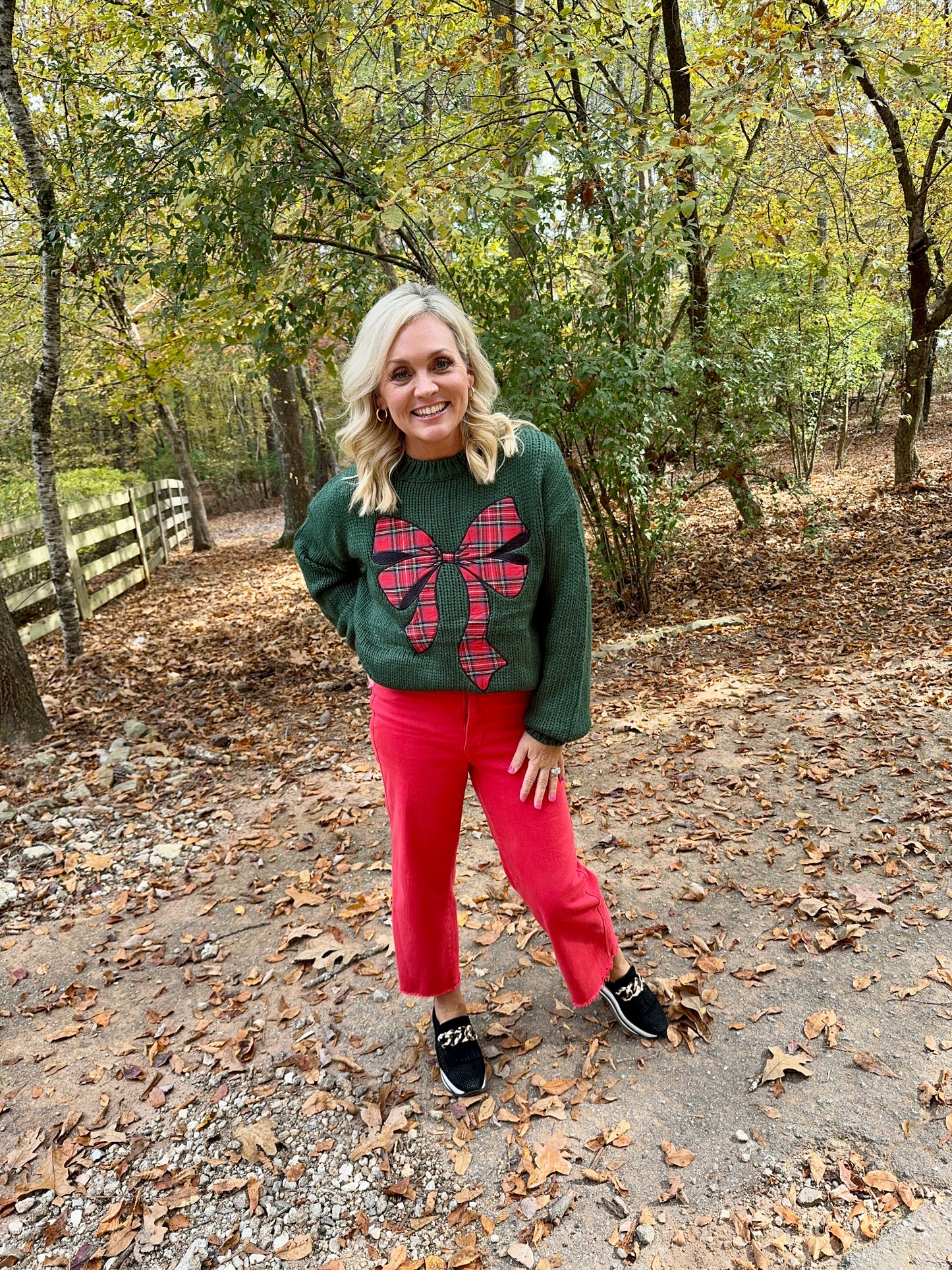 Green Christmas Sweater plaid ribbon bow