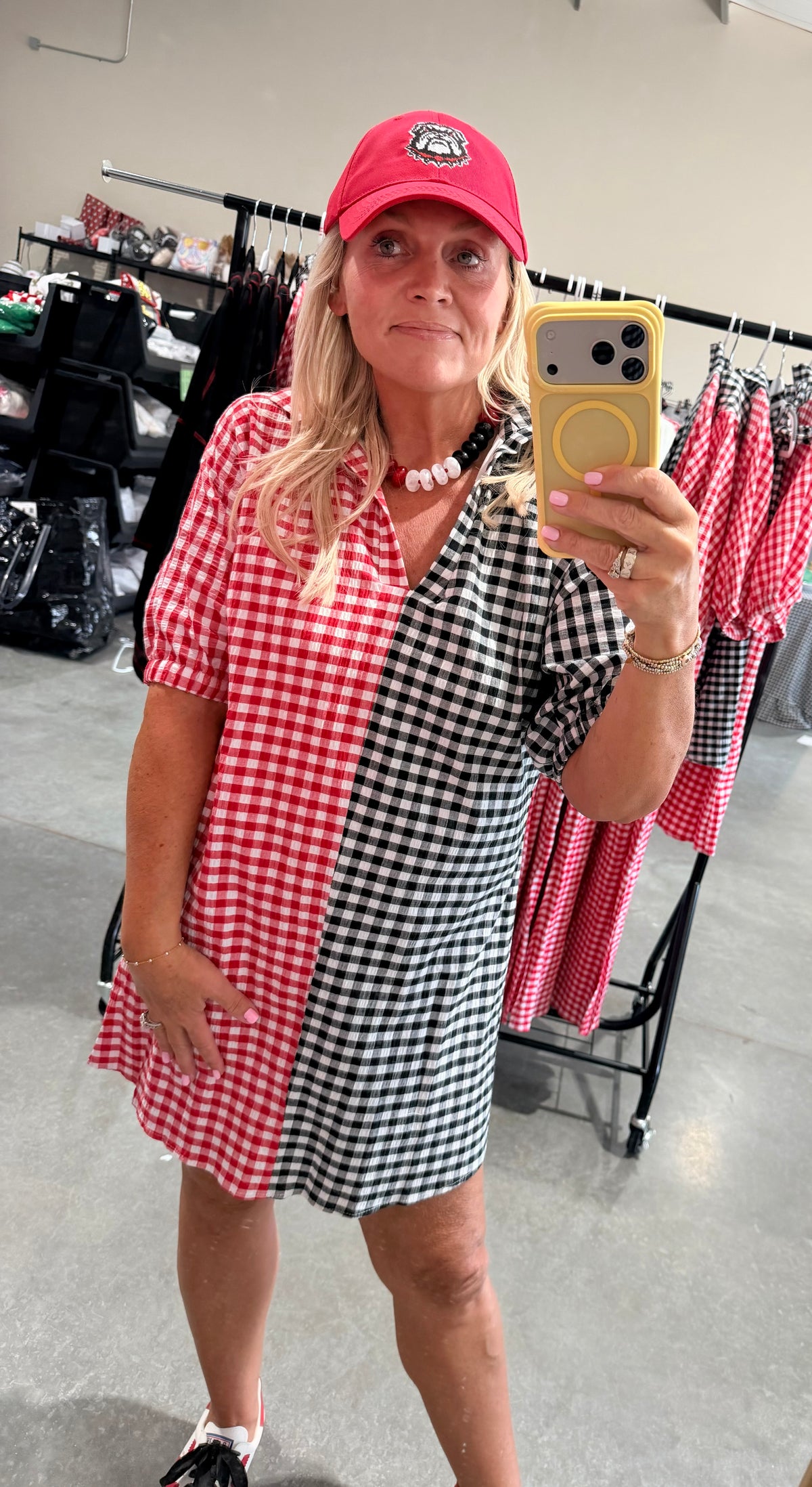 Gingham black and red and white shorter version dress