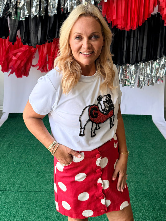 Scalloped polka dot skirt red and white