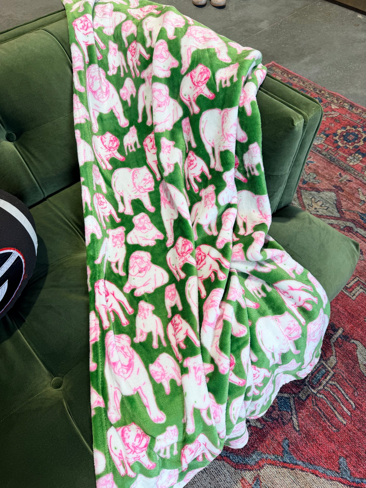 Pink and green bulldog throw