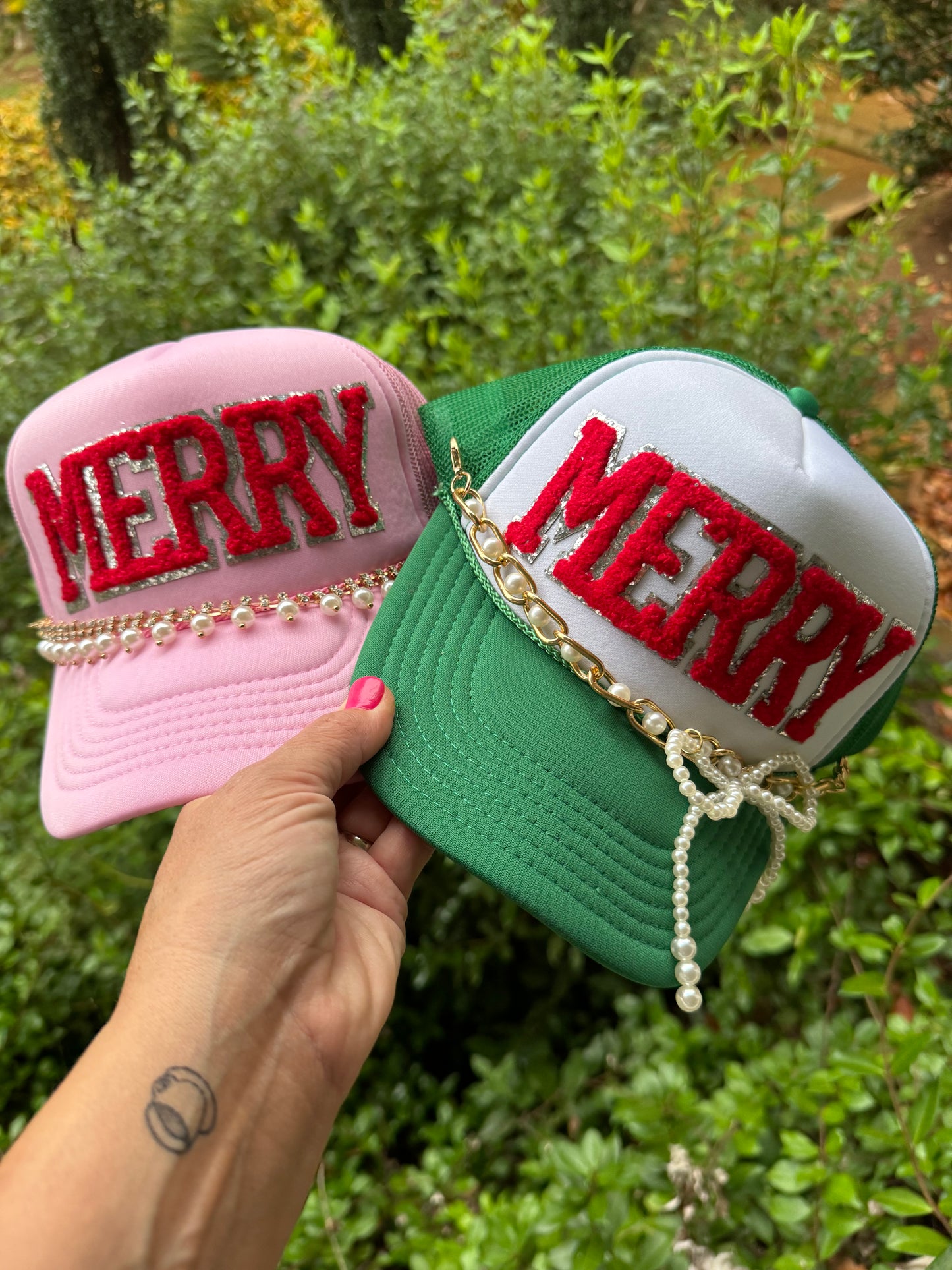 Pink Christmas hat with Merry Patch ( trucker chain sold separately)