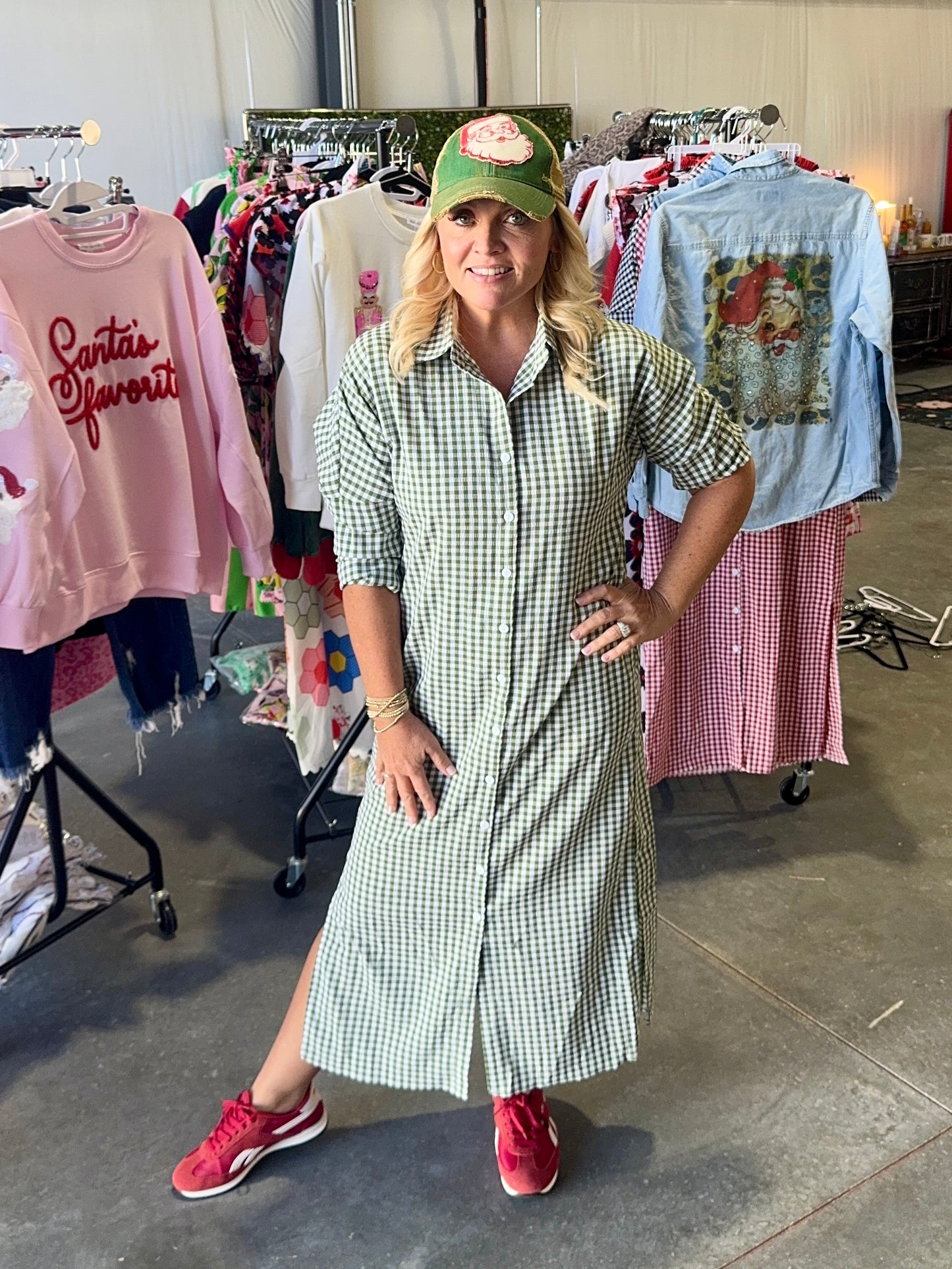 Green gingham shirt dress