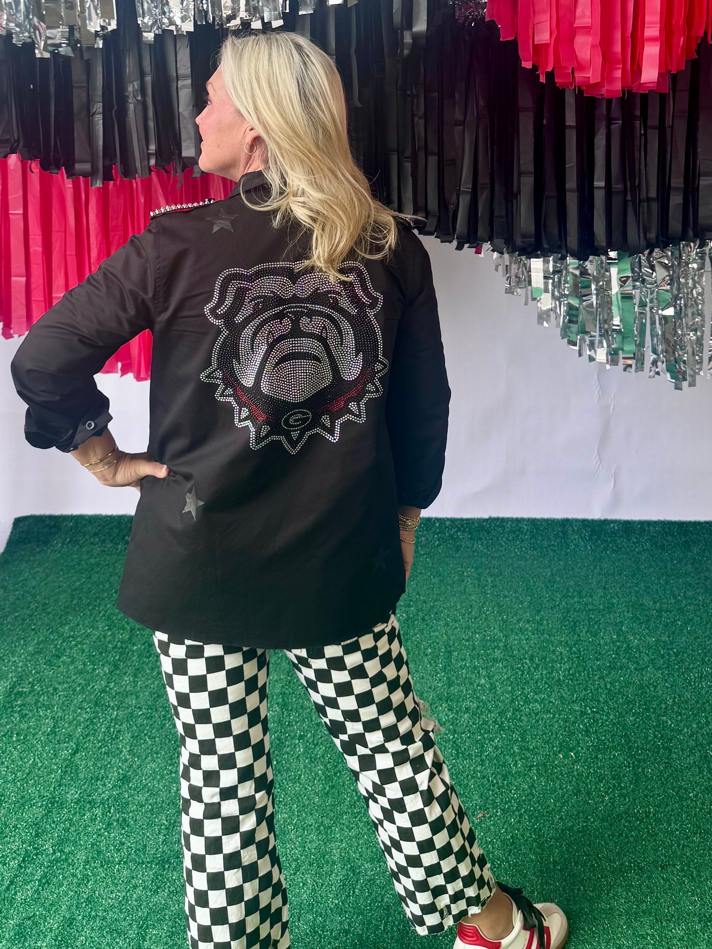 Licesnsed shacket black with studs and rhinestones