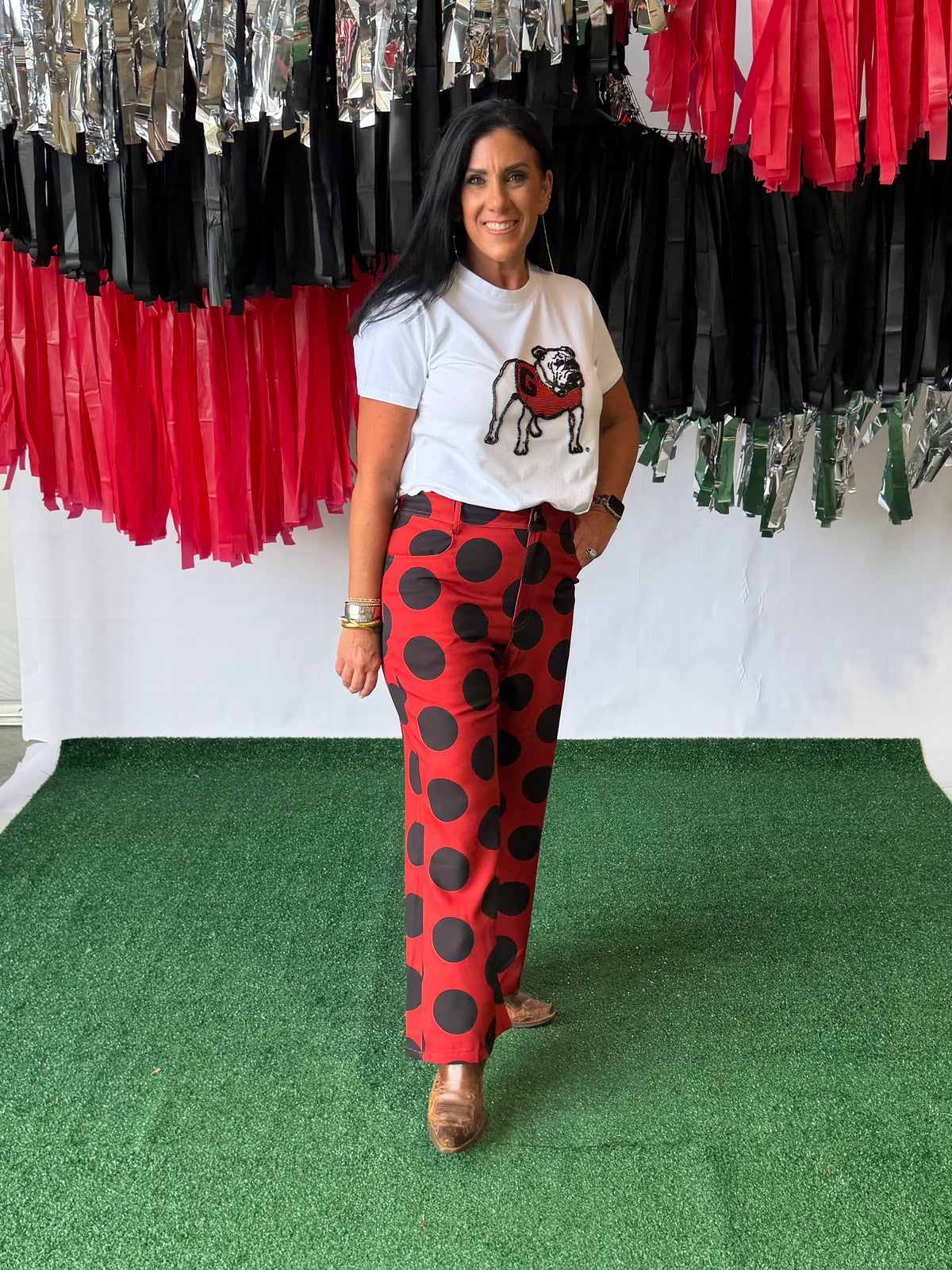 Black and red polka dot pants