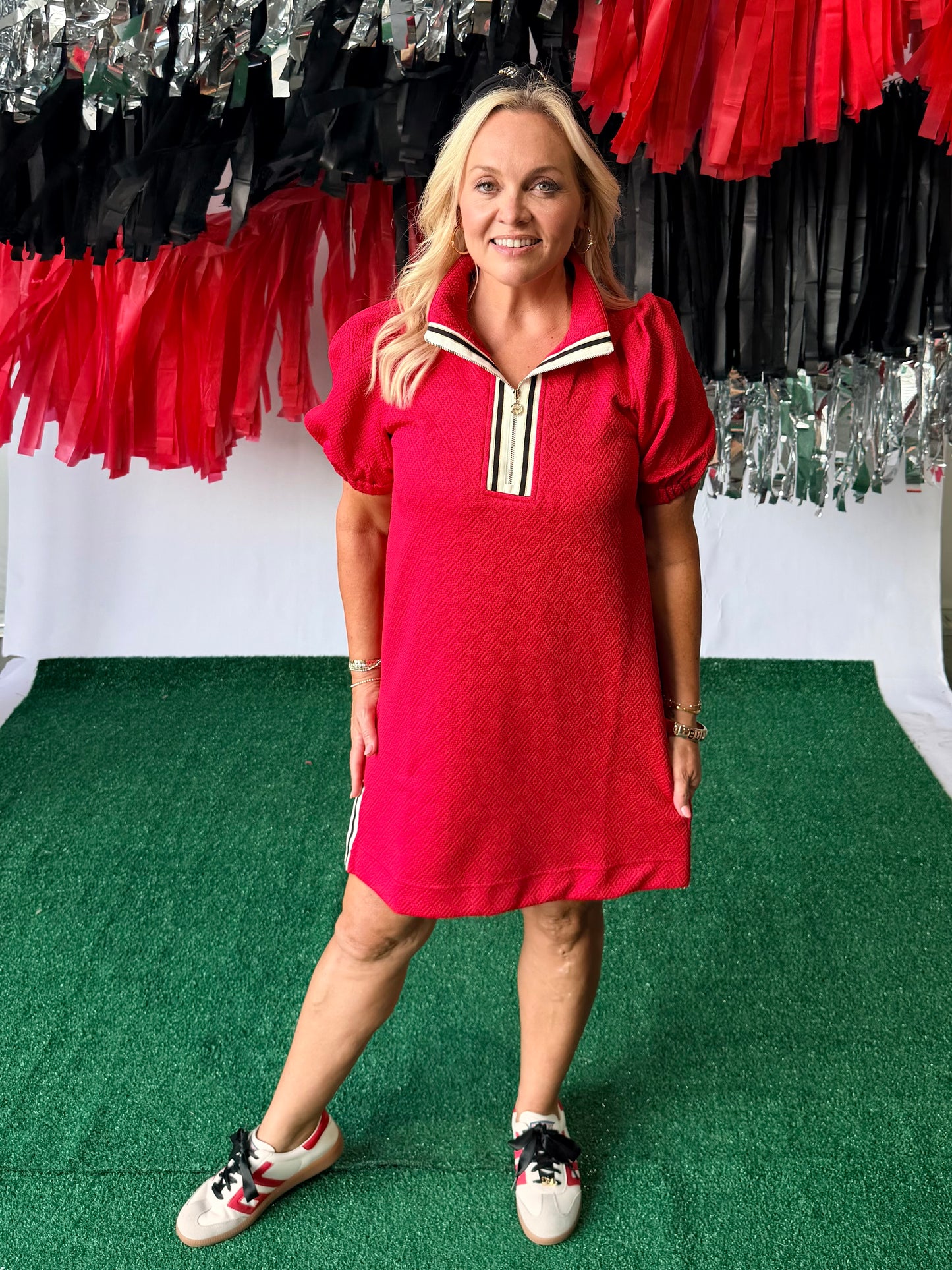 Red active wear style dress with trim