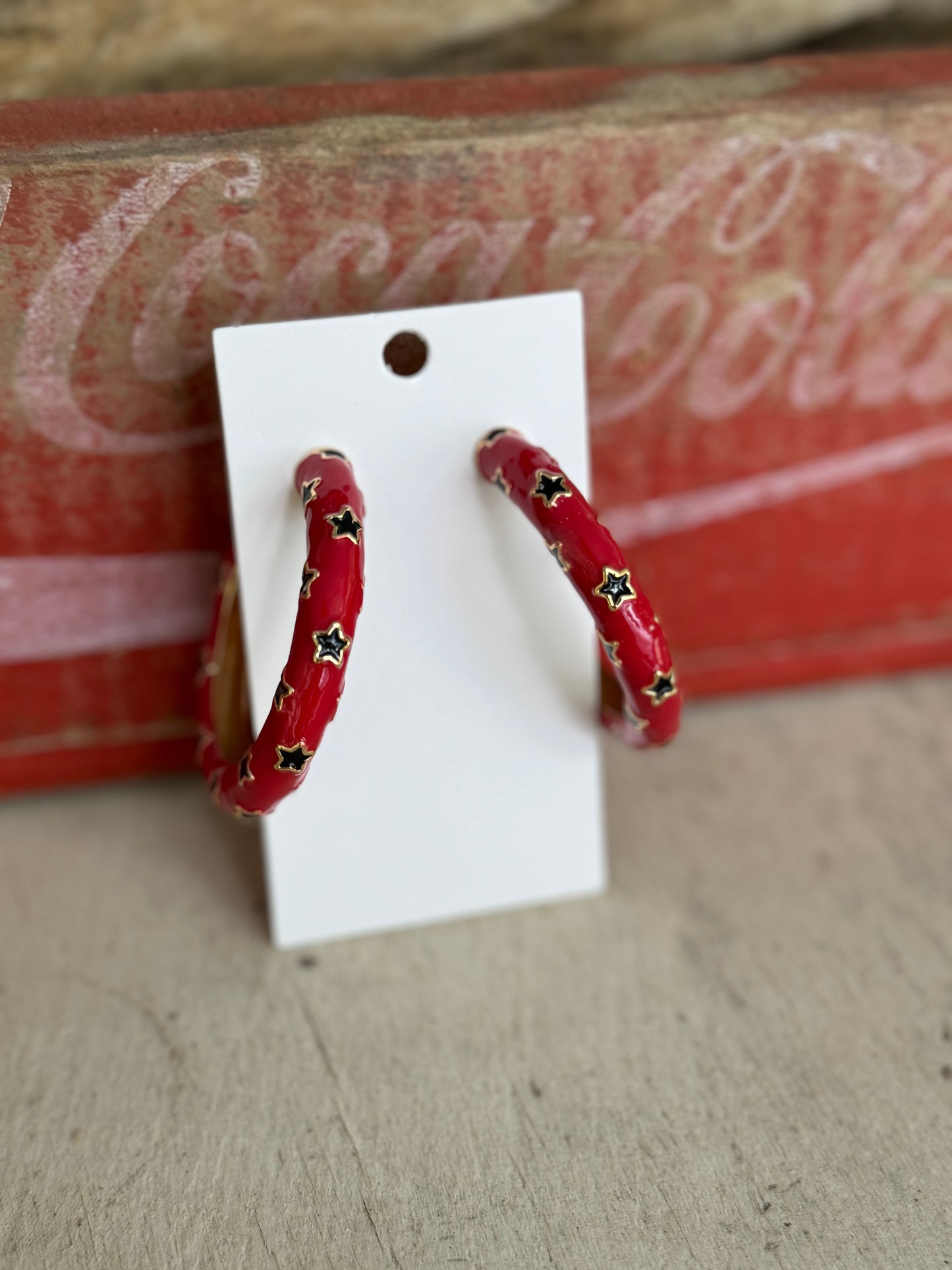 Metal large hoops red with black stars