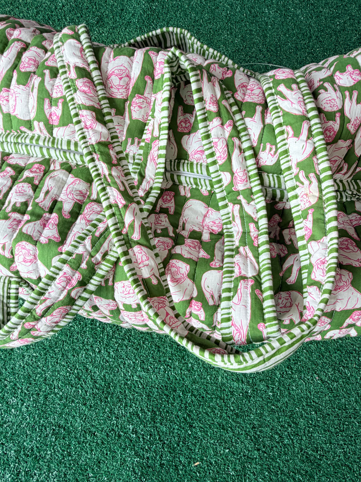Green and pink quilted bulldog duffle