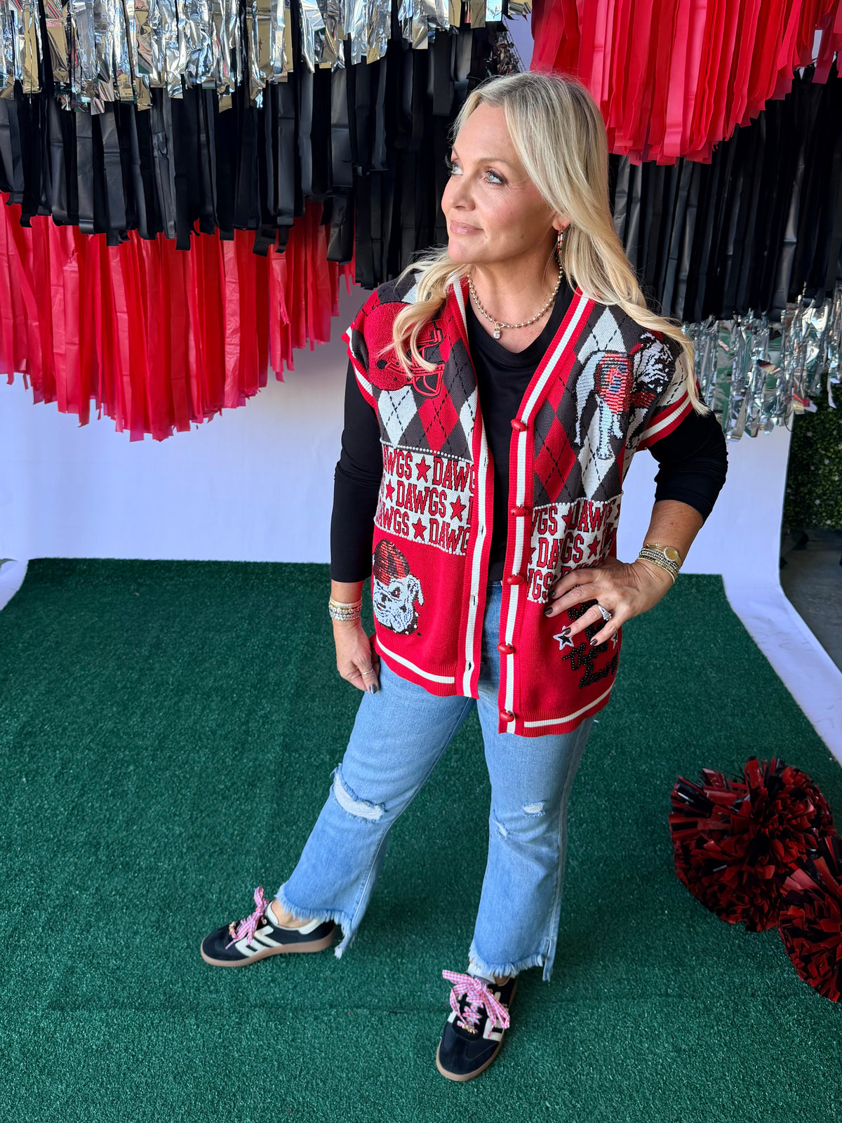 Licensed sweater cardigan with pearls and sequins