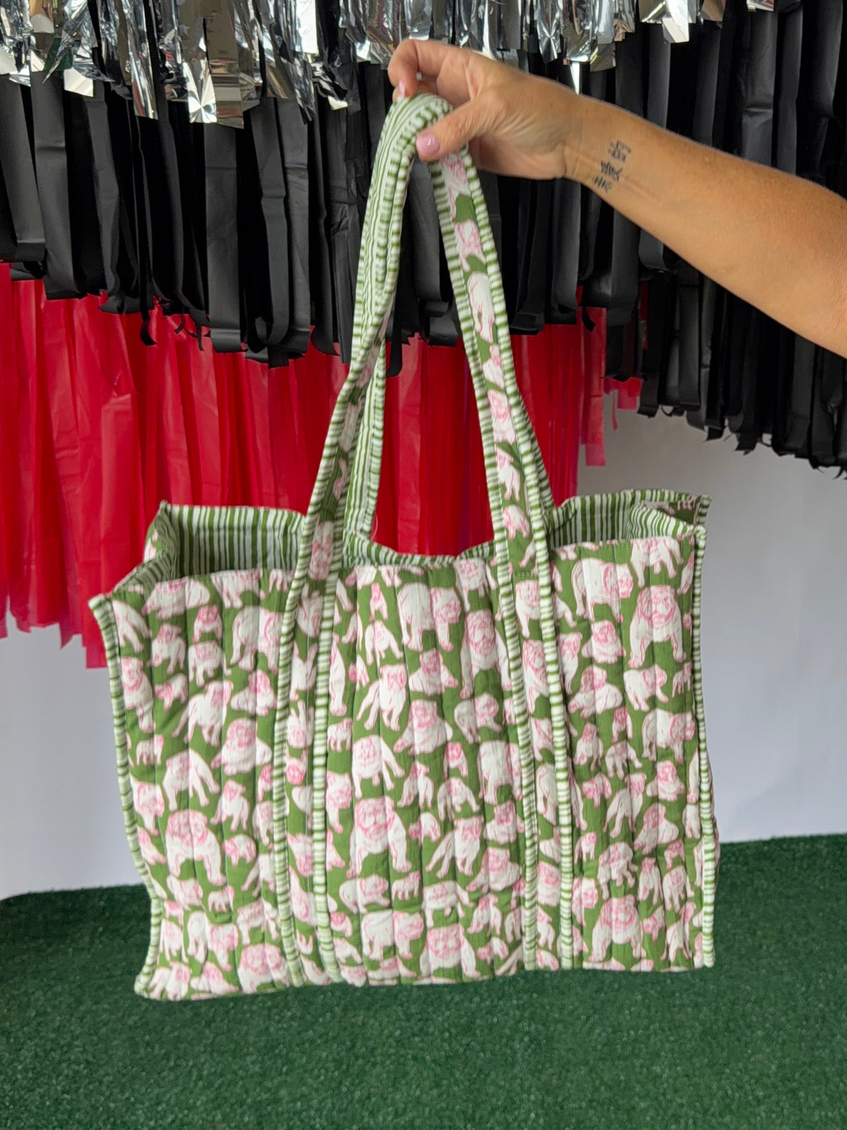 Green and pink quilted bulldog tote