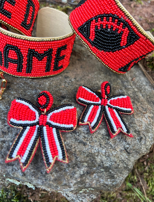 Bow earrings red and black bows beaded