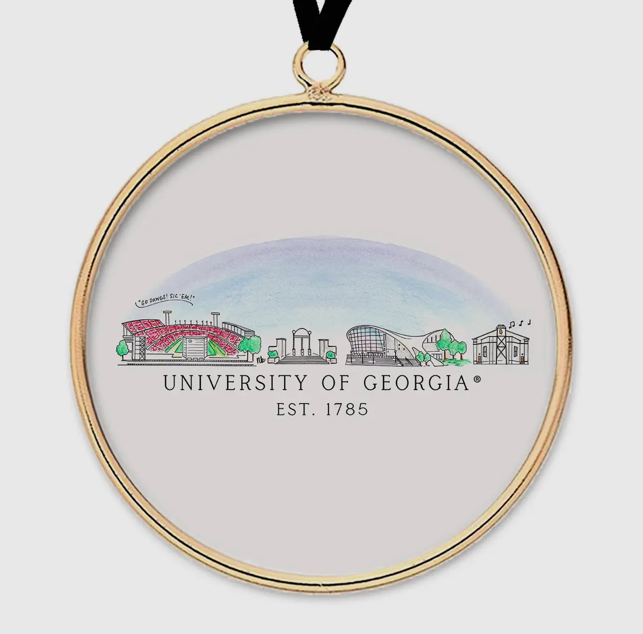 Licensed georgia UGA skyline brass and glass ornament