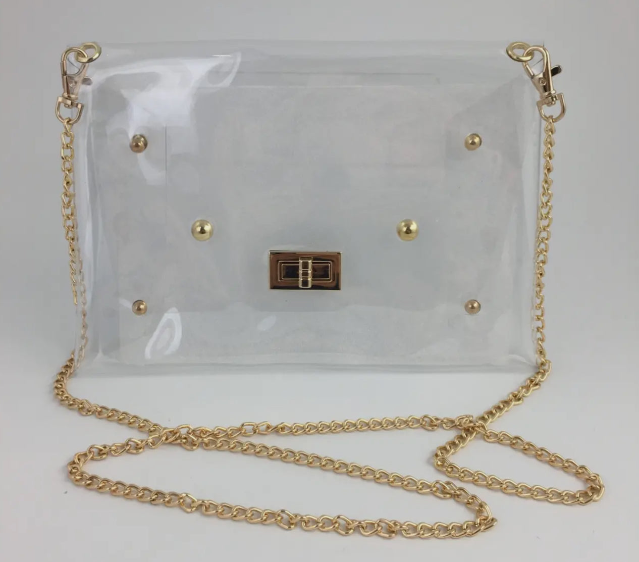 Clear purse with studs and detachable chain strap