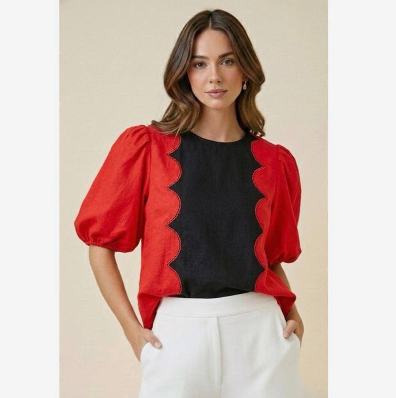Wave scalloped black and red blouse