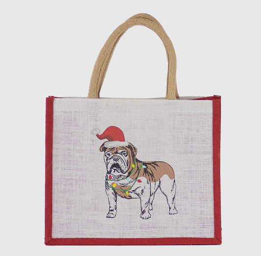 Christmas bulldog gift tote jute