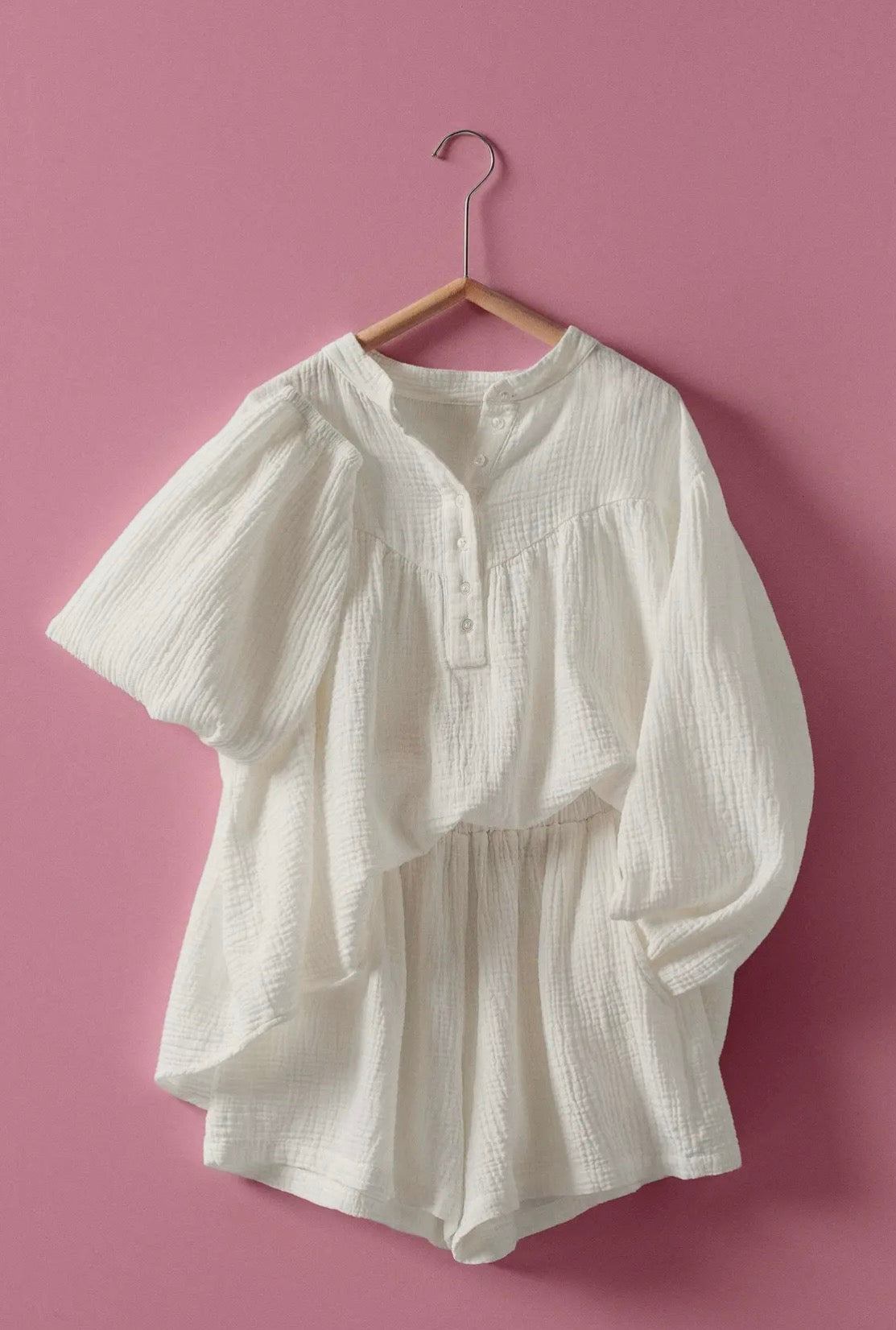 White gauze flowy top and matching shorts