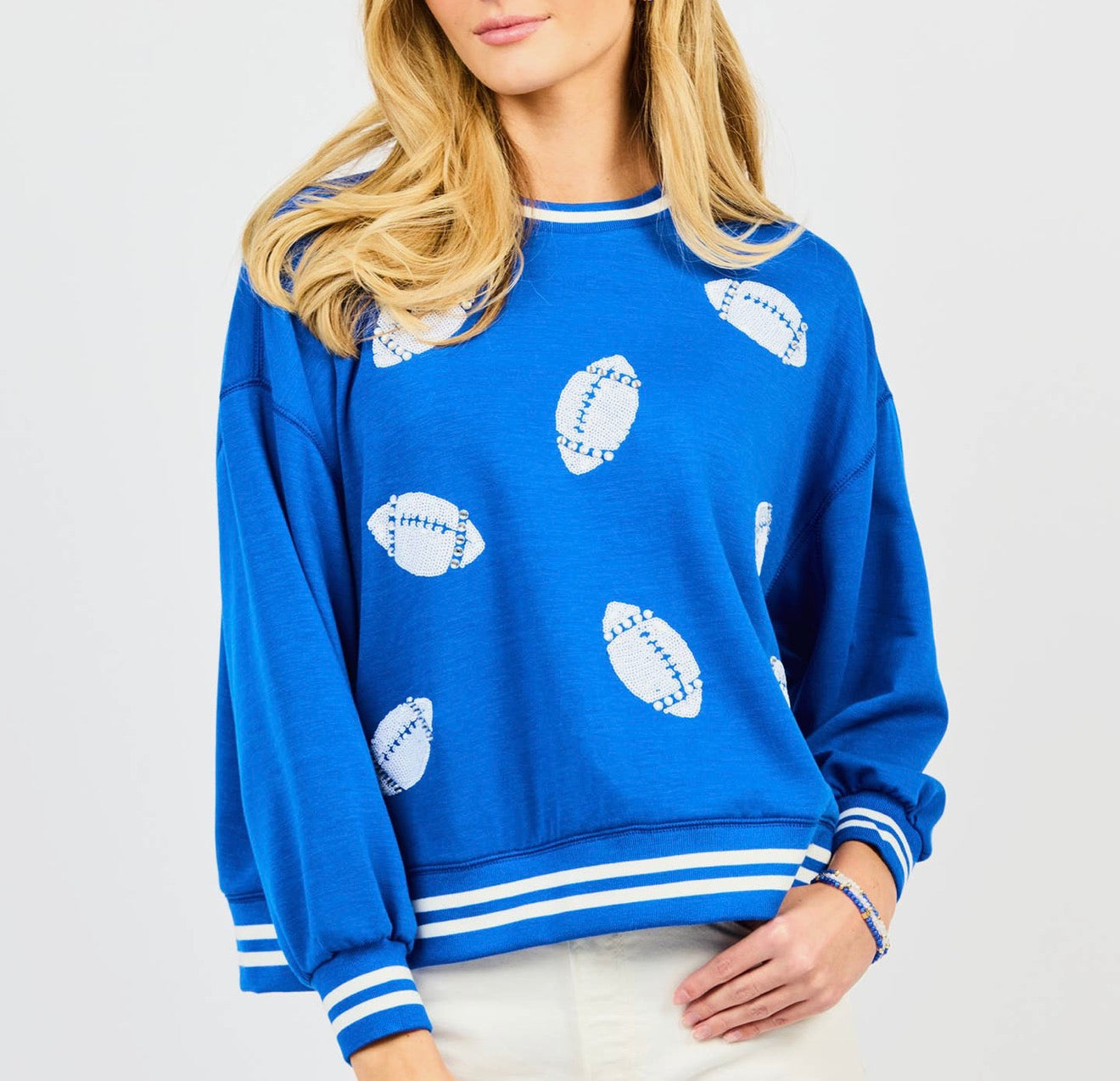 Blue and white football sequin sweatshirt