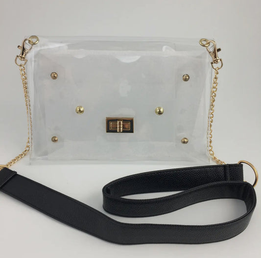 Clear purse with detachable black strap