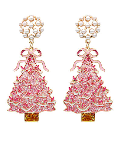 Pink Christmas tree earrings with bow and pearls