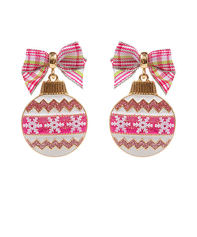 Pink metal earrings fabric bow pink plaid