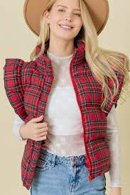 Plaid puffer vest with ruffle sleeves Christmas Winter marked down!