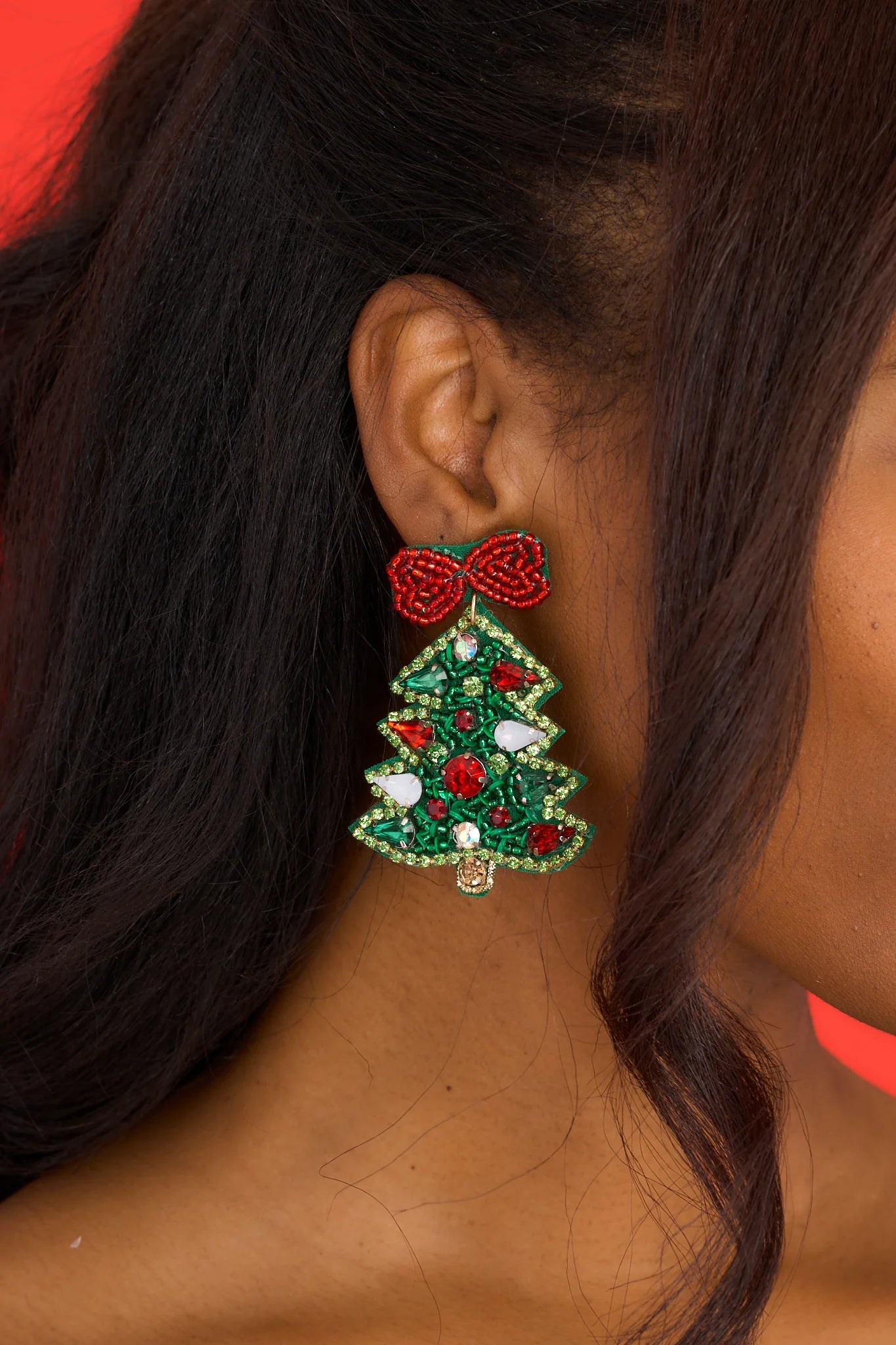 Christmas earrings green trees red bow