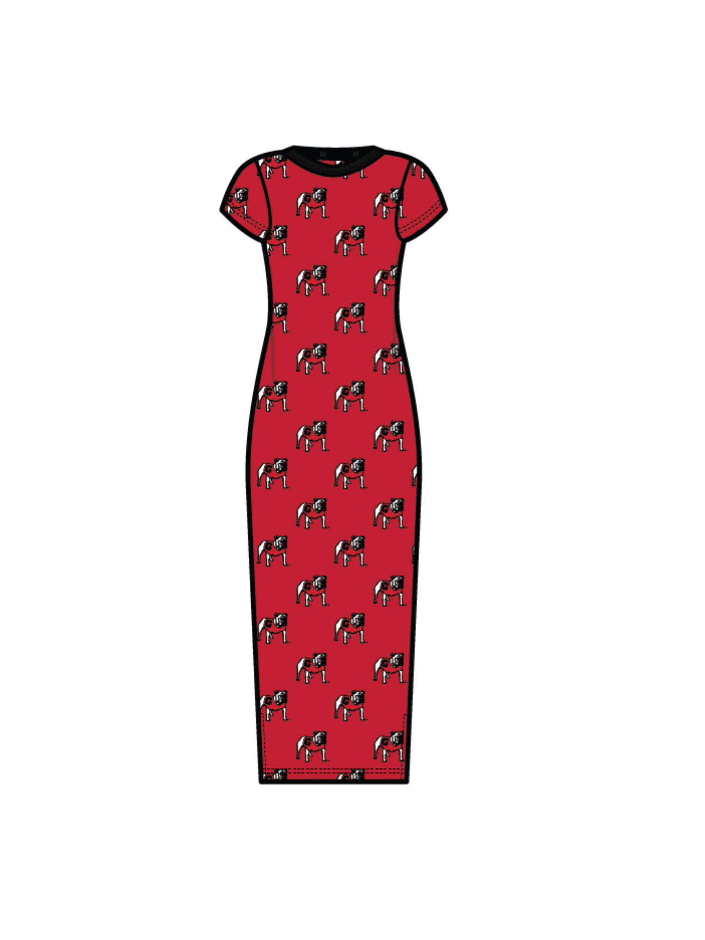 Red long ribbed bulldog maxi dress licensed