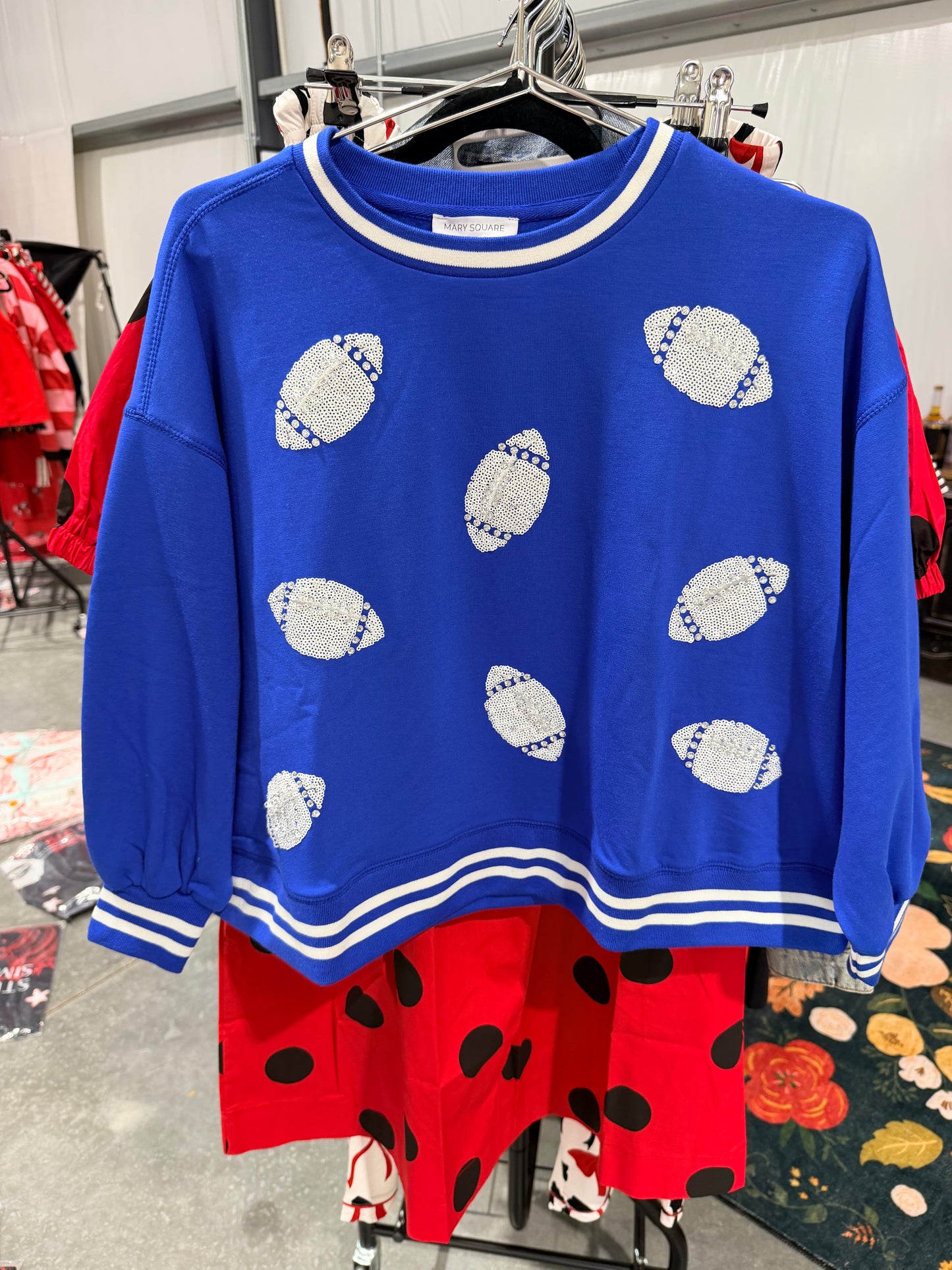 Blue and white football sequin sweatshirt