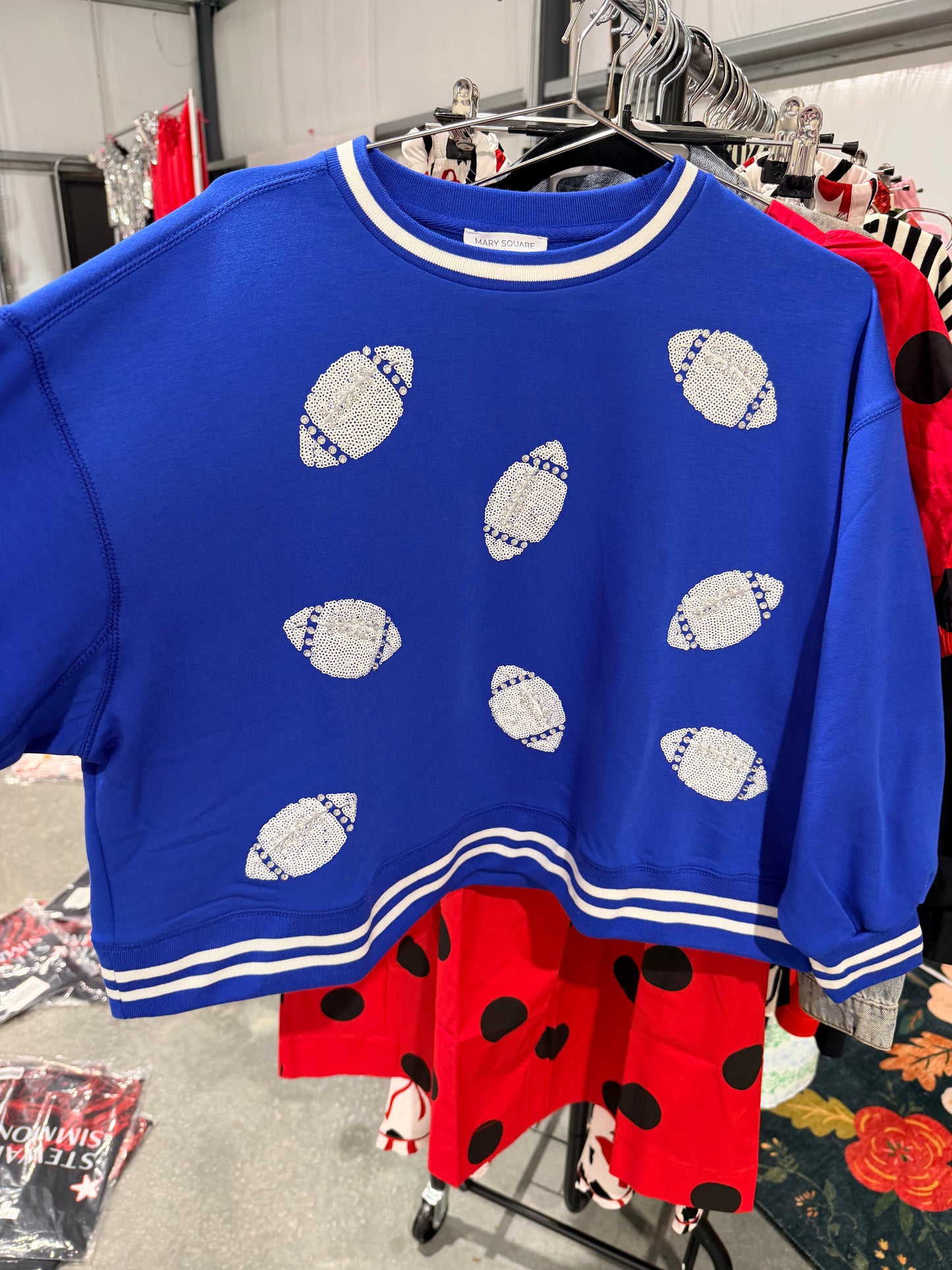 Blue and white football sequin sweatshirt