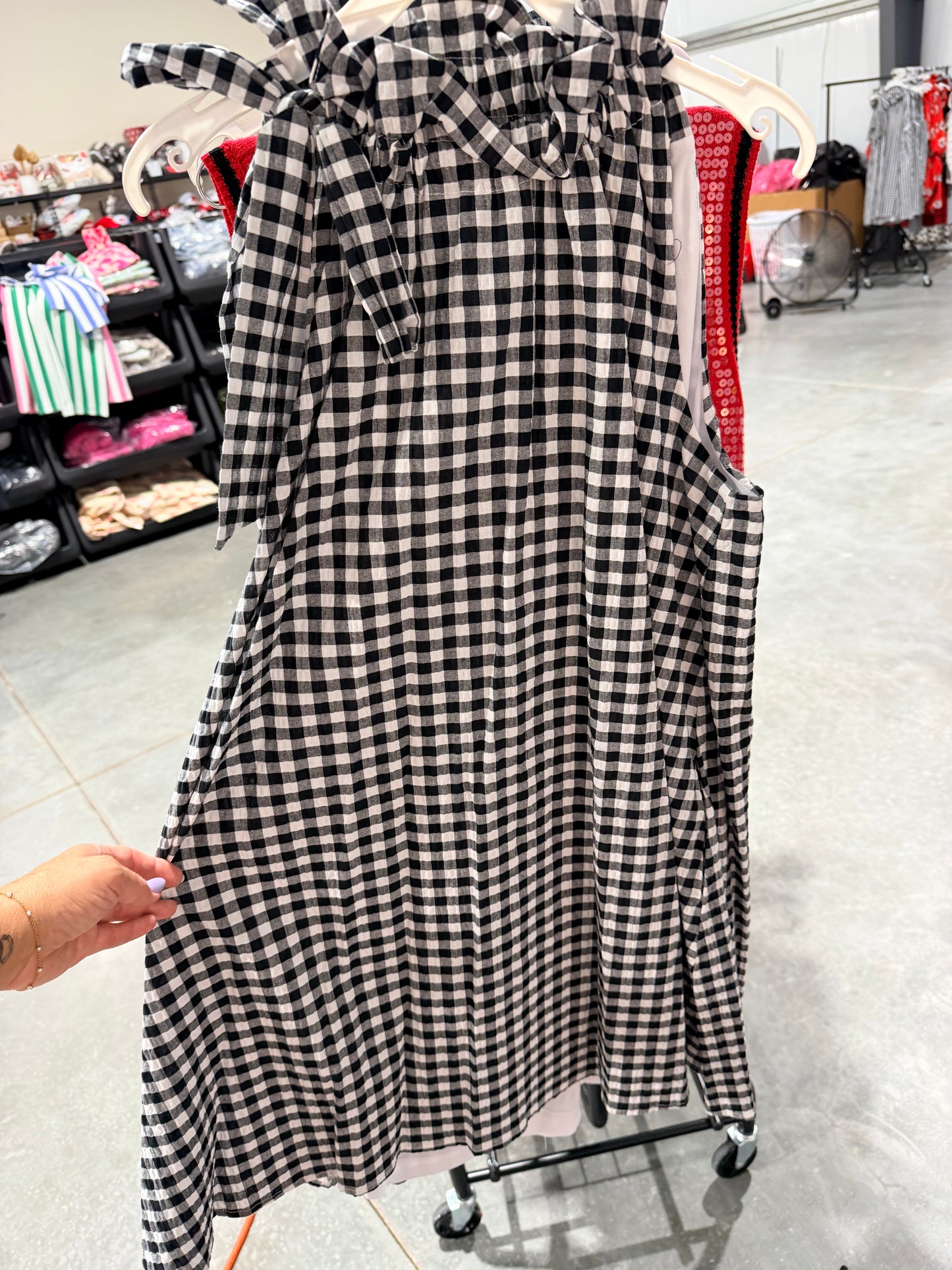 Black and white gingham swing dress with bow