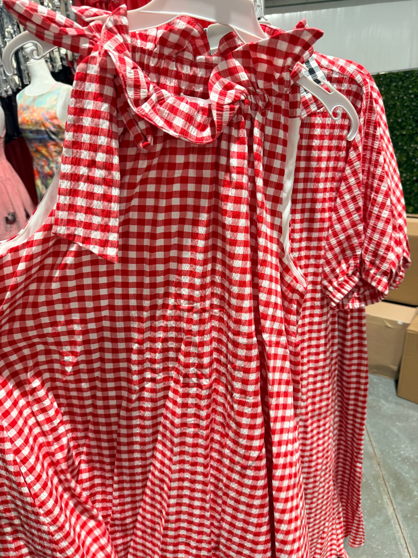 Red gingham swing dress with ruffle collar and bow