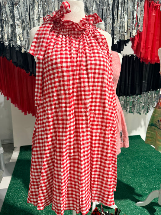 Red gingham swing dress with ruffle collar and bow