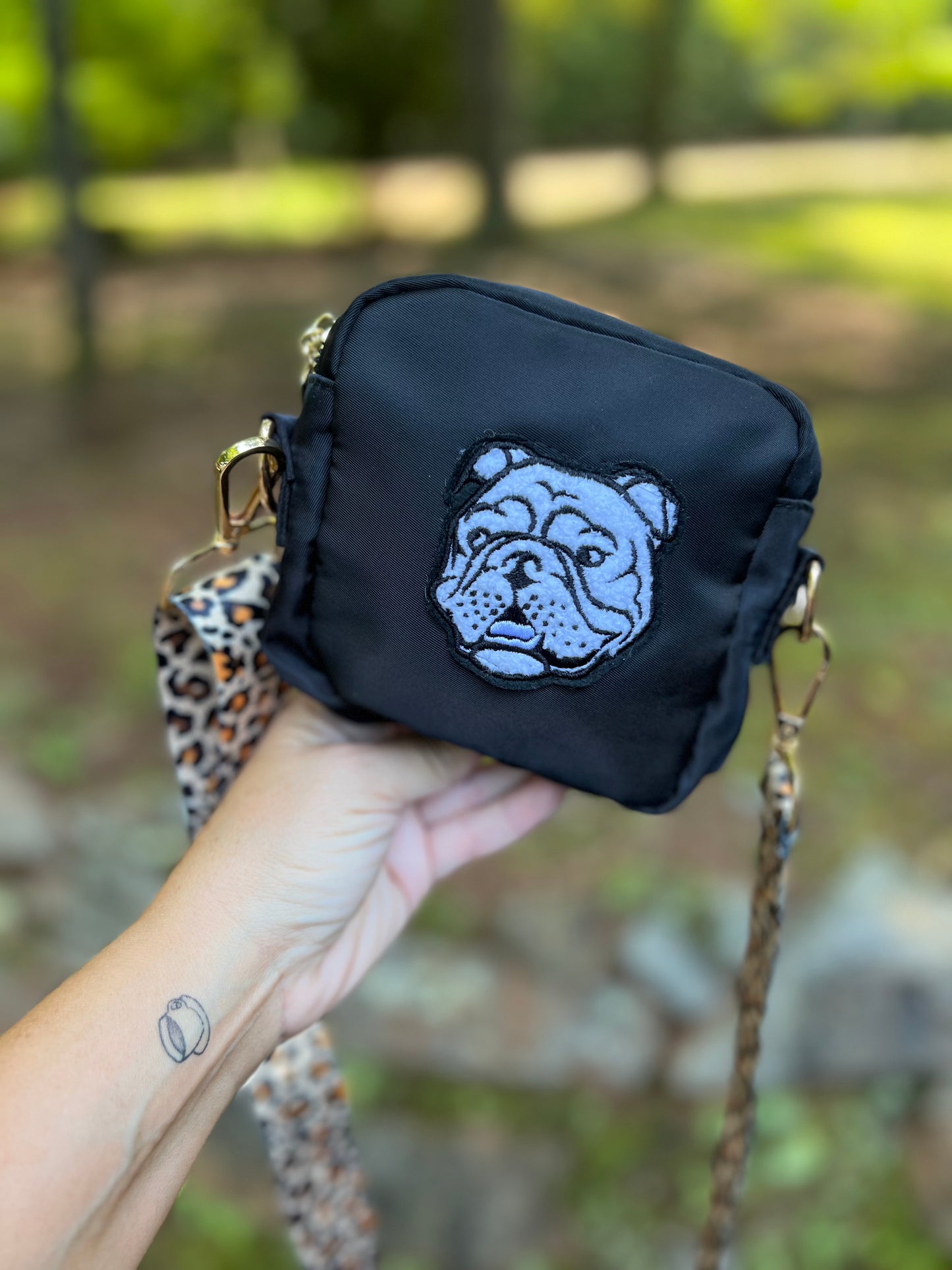 Mini black crossbody or makeup bag with patch warehouse sale