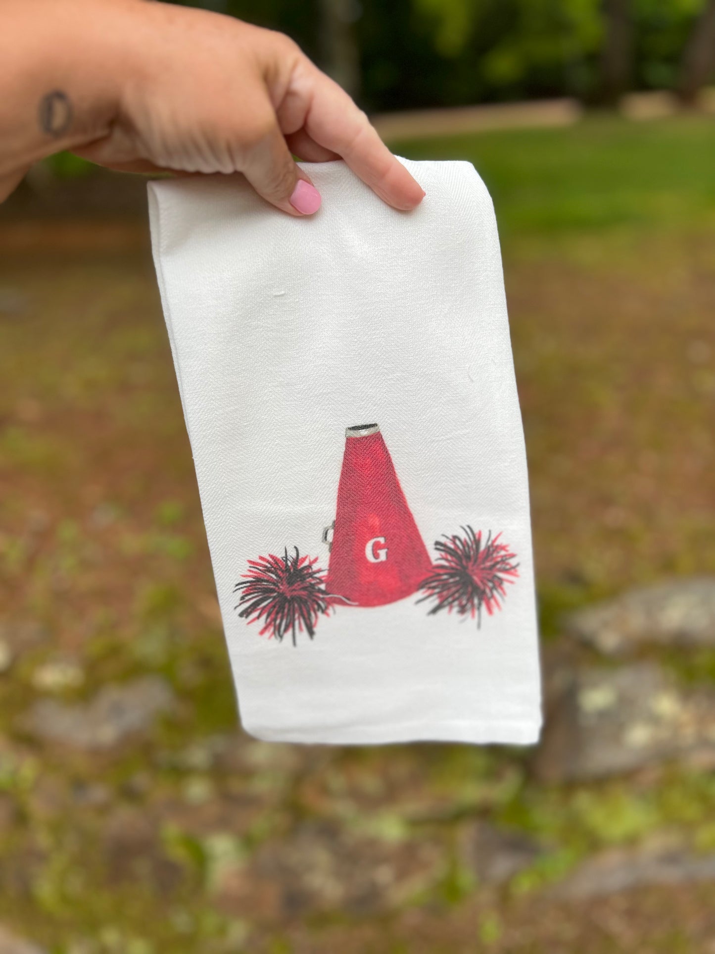 Red megaphone tea towel