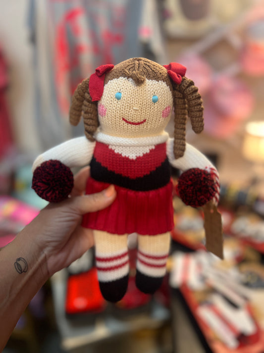 Handmade knit cheerleader doll