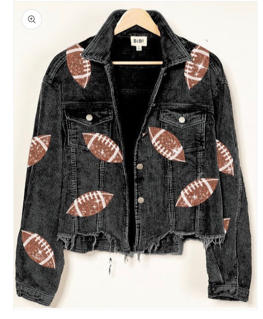 Black corduroy jacket with sequin footballs