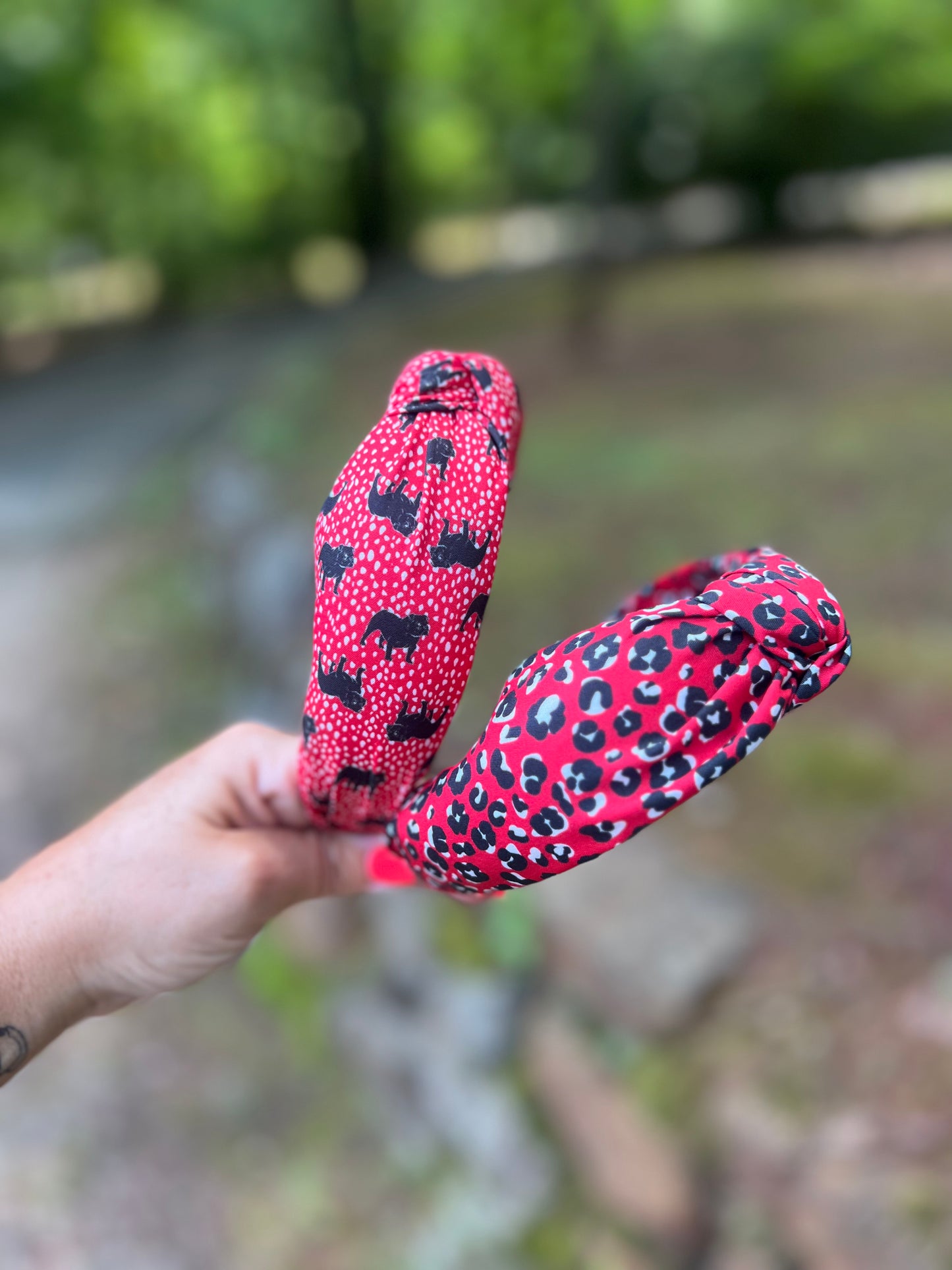 Knotted headband red and black cheetah print