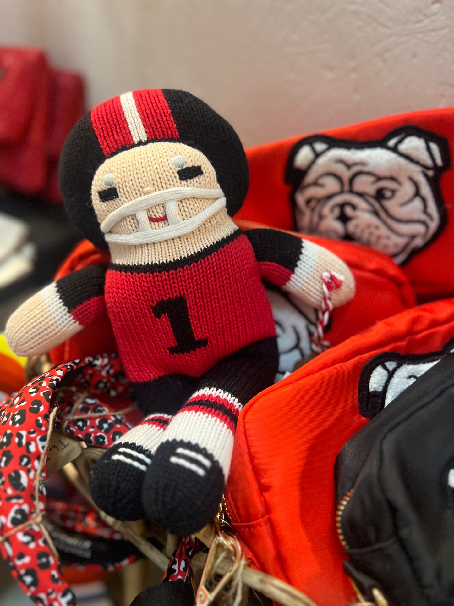 Handmade knit doll football player