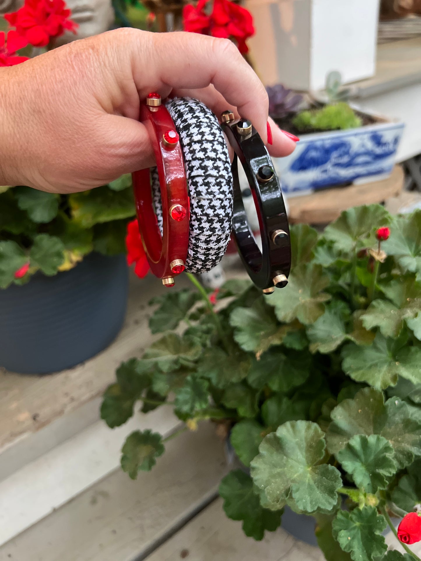 Red resin bracelet with rhinestone studs