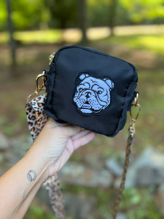 Mini black crossbody or makeup bag with patch warehouse sale