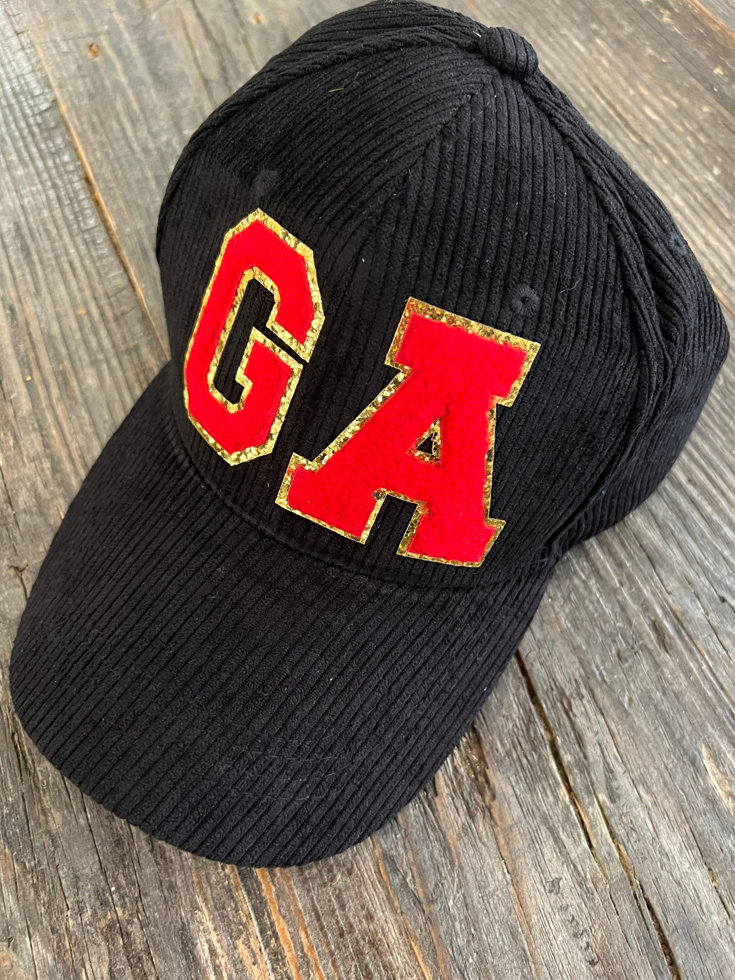 Black game day hat corduroy fuzzy patch GA