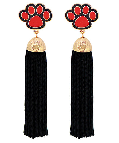 Black tassel earrings with red paw print